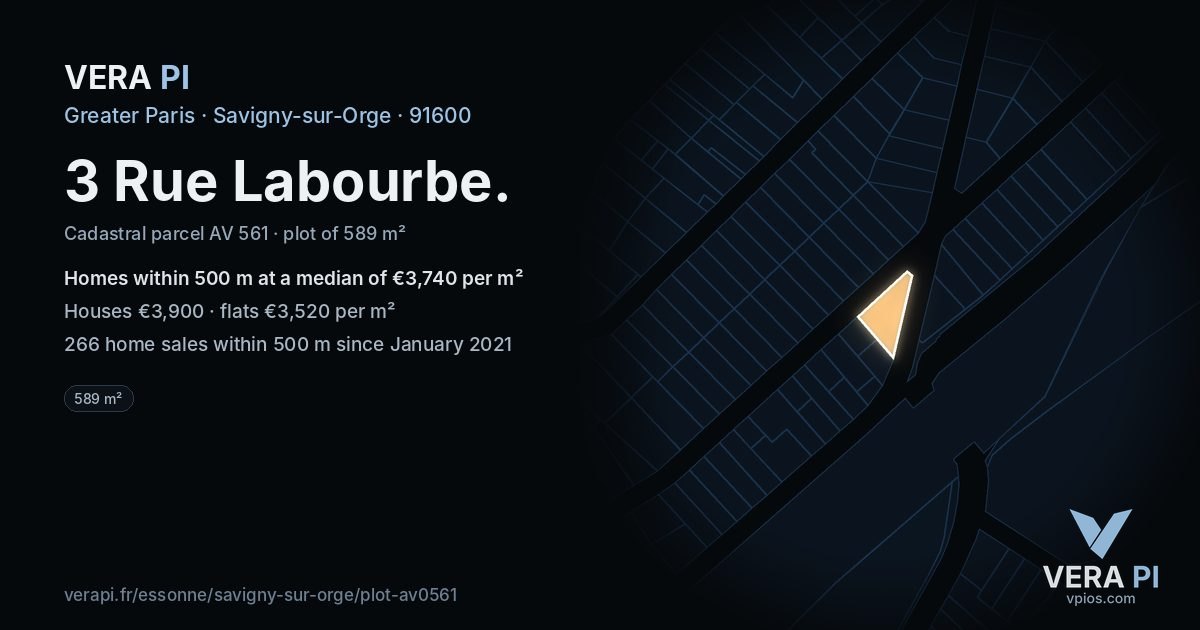 3 Rue Labourbe, Savigny-sur-Orge at night – the plot lit, the parcels around coloured by the prices near them