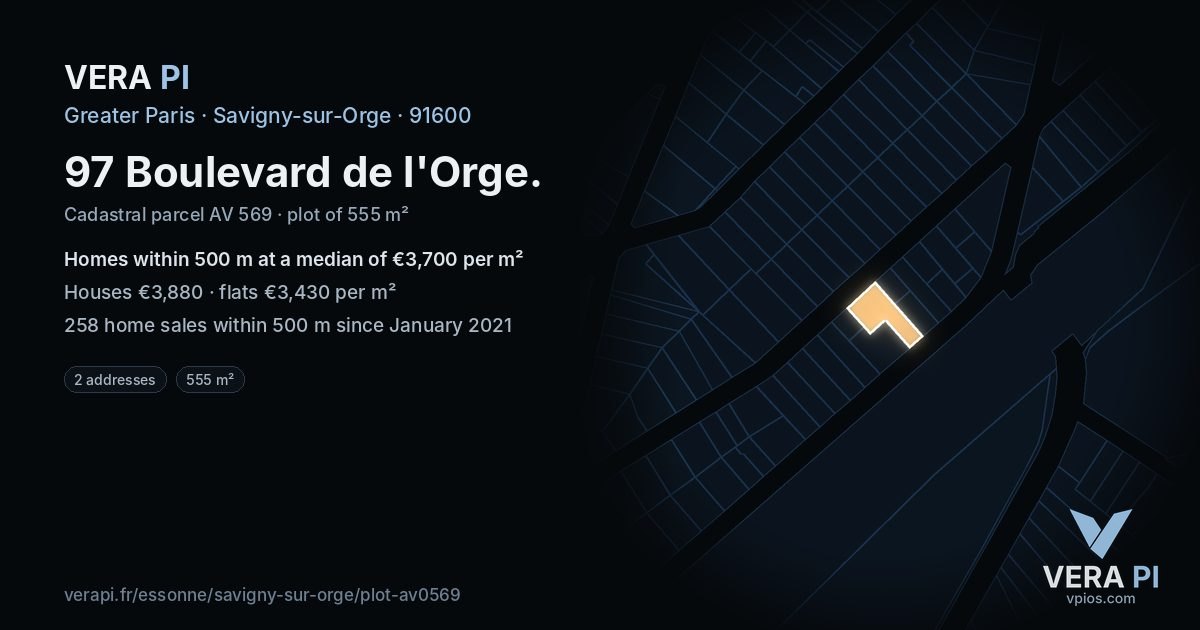 97 Boulevard de l'Orge, Savigny-sur-Orge at night – the plot lit, the parcels around coloured by the prices near them