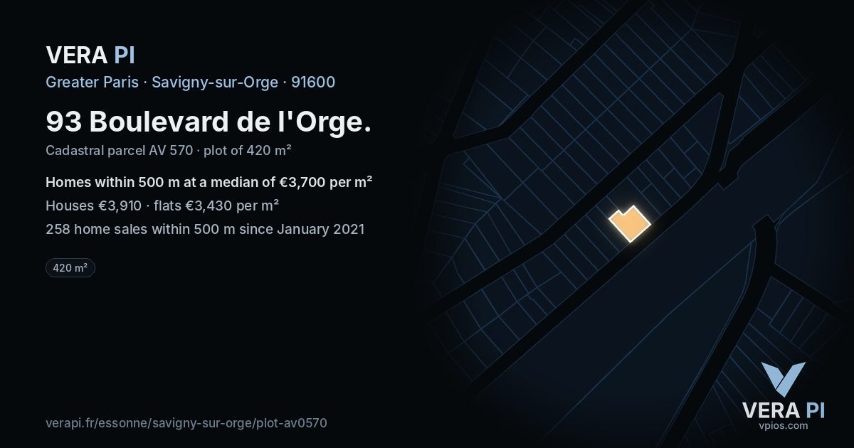 93 Boulevard de l'Orge, Savigny-sur-Orge at night – the plot lit, the parcels around coloured by the prices near them