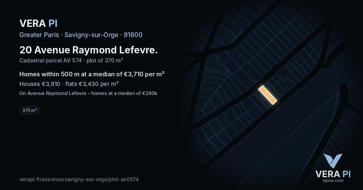20 Avenue Raymond Lefevre, Savigny-sur-Orge at night – the plot lit, the parcels around coloured by the prices near them