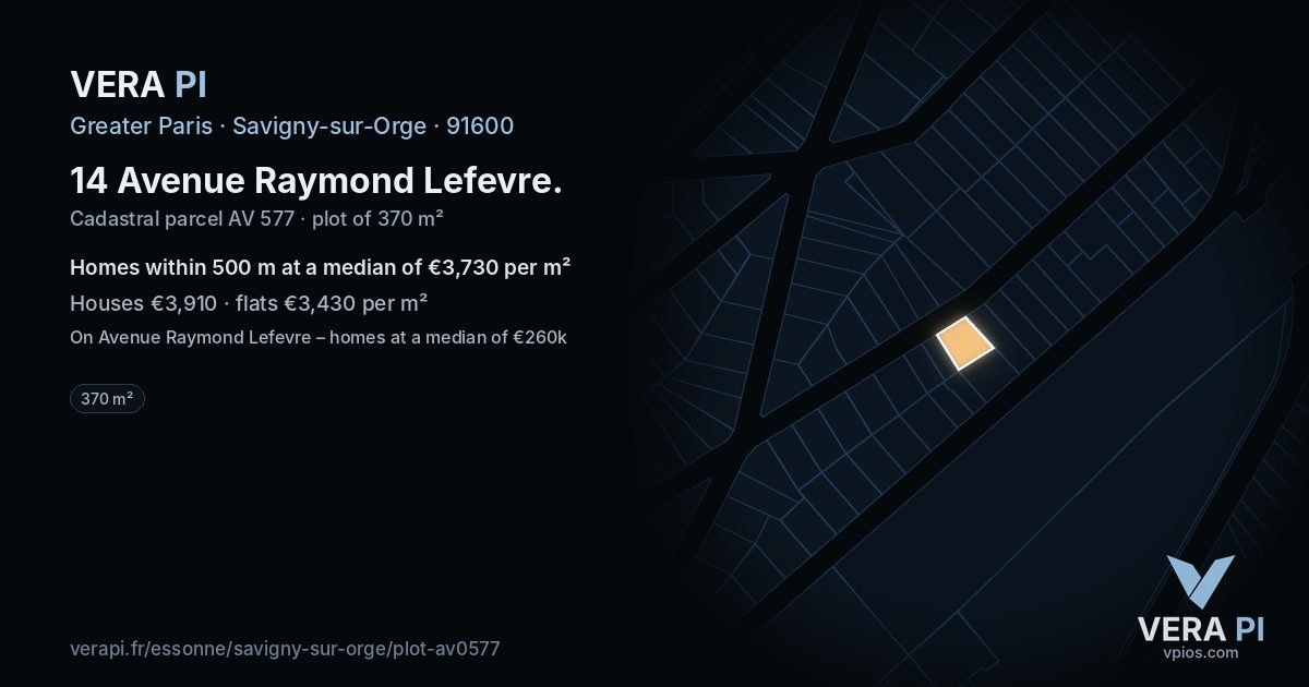 14 Avenue Raymond Lefevre, Savigny-sur-Orge at night – the plot lit, the parcels around coloured by the prices near them