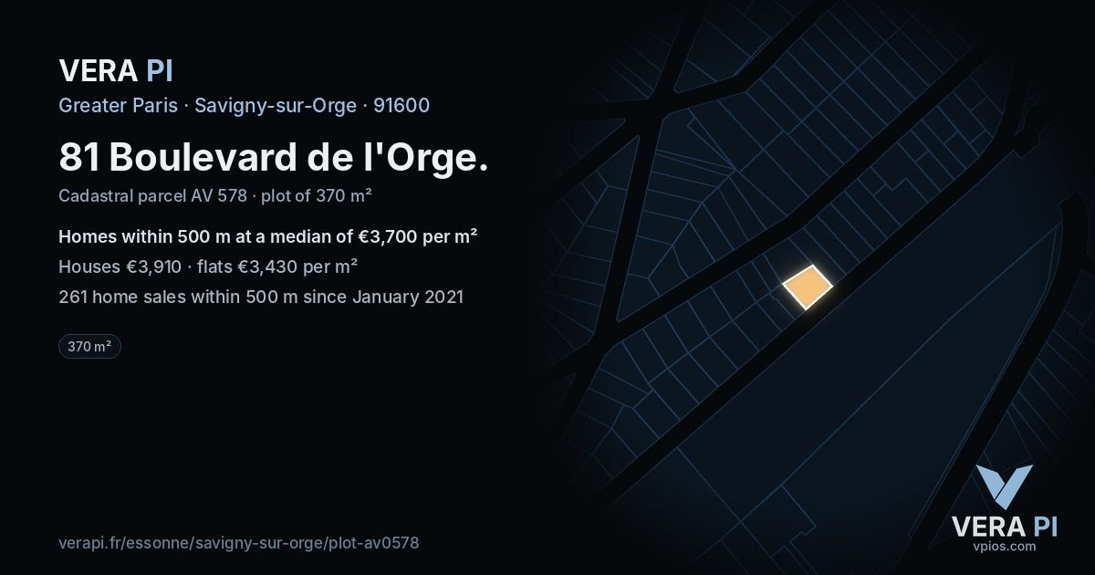 81 Boulevard de l'Orge, Savigny-sur-Orge at night – the plot lit, the parcels around coloured by the prices near them