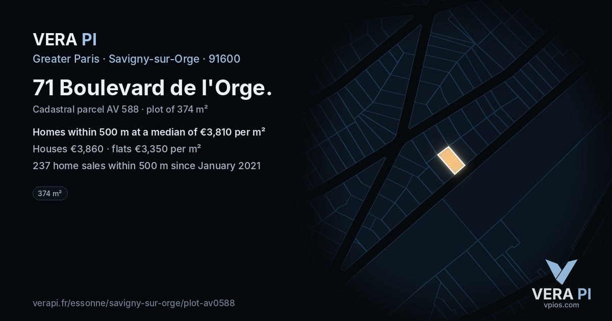 71 Boulevard de l'Orge, Savigny-sur-Orge at night – the plot lit, the parcels around coloured by the prices near them