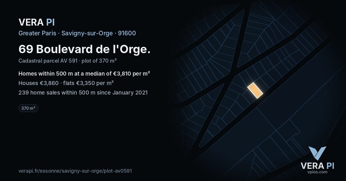 69 Boulevard de l'Orge, Savigny-sur-Orge at night – the plot lit, the parcels around coloured by the prices near them
