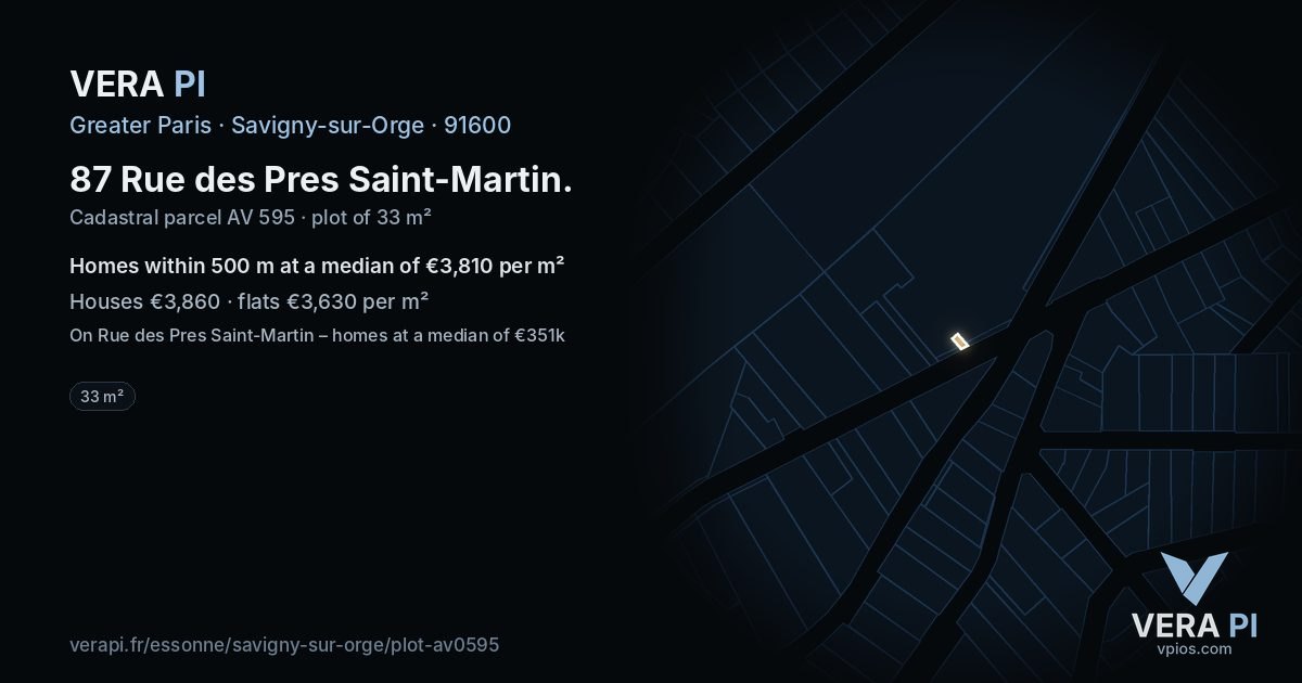 87 Rue des Pres Saint-Martin, Savigny-sur-Orge at night – the plot lit, the parcels around coloured by the prices near them