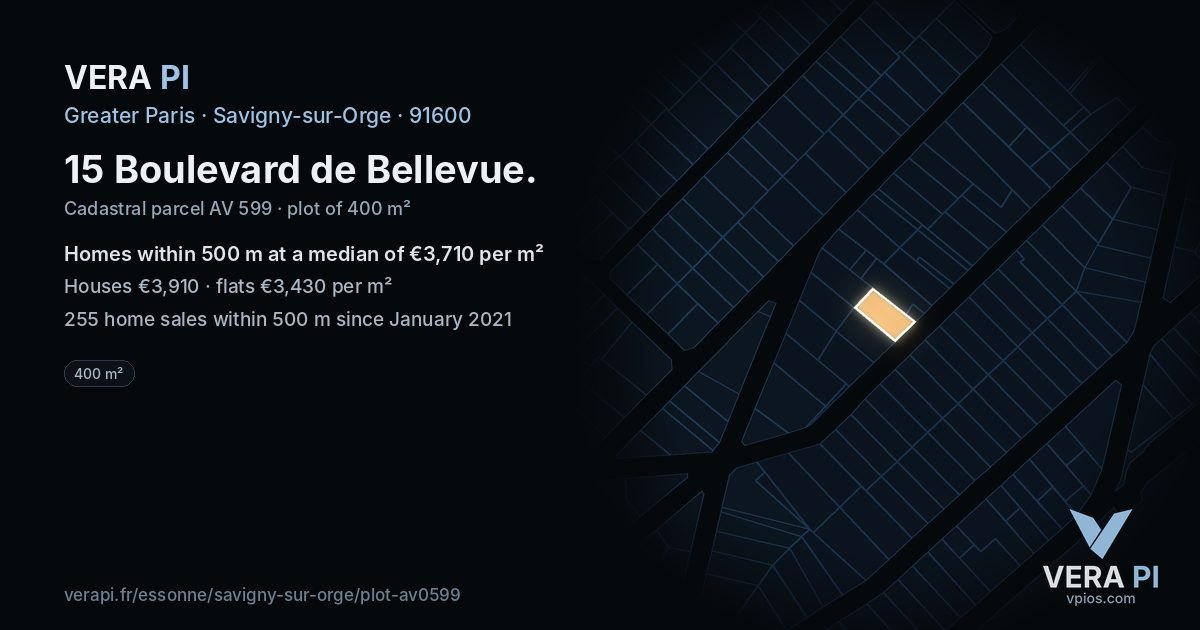 15 Boulevard de Bellevue, Savigny-sur-Orge at night – the plot lit, the parcels around coloured by the prices near them