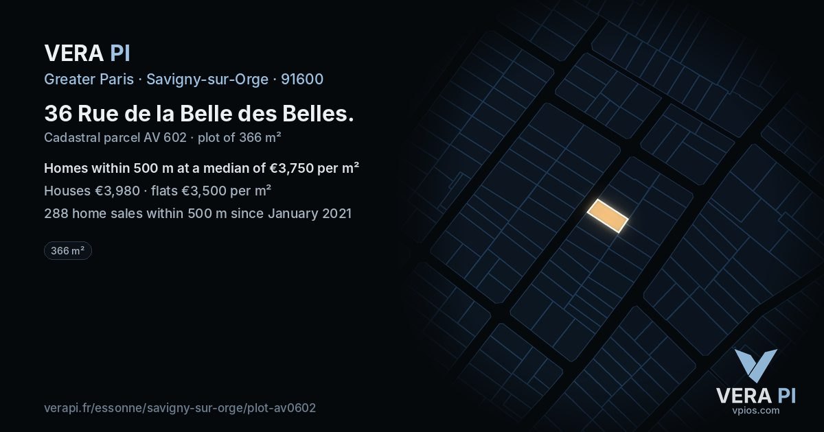 36 Rue de la Belle des Belles, Savigny-sur-Orge at night – the plot lit, the parcels around coloured by the prices near them