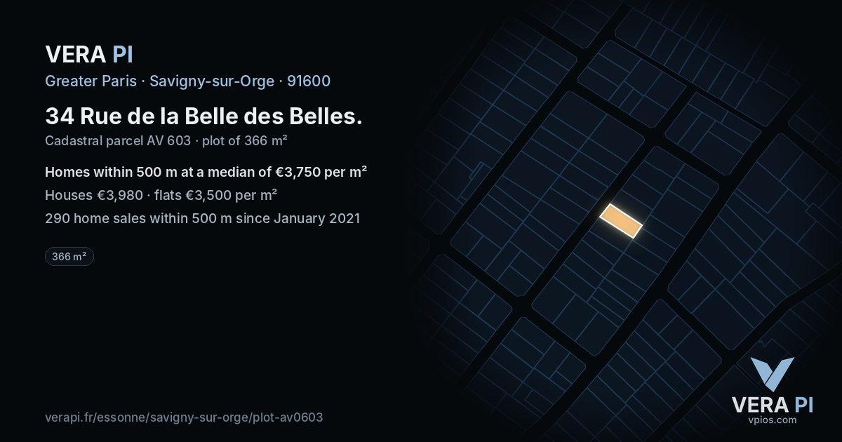 34 Rue de la Belle des Belles, Savigny-sur-Orge at night – the plot lit, the parcels around coloured by the prices near them