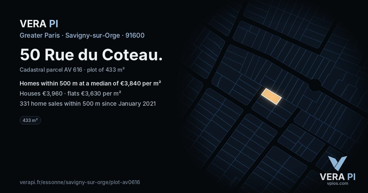 50 Rue du Coteau, Savigny-sur-Orge at night – the plot lit, the parcels around coloured by the prices near them