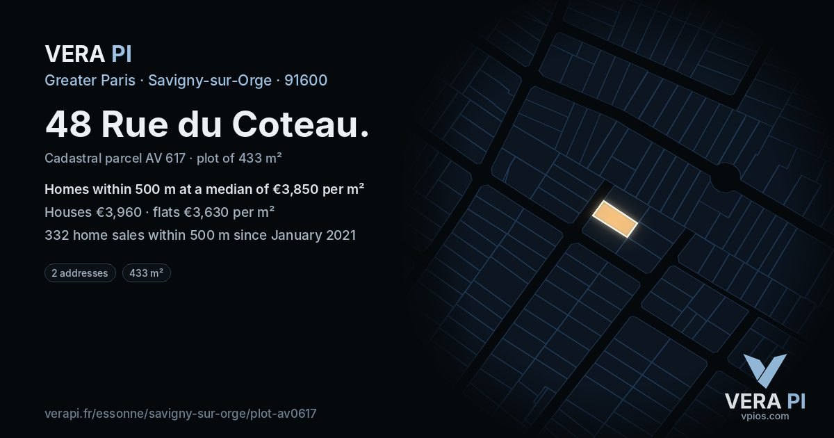 48 Rue du Coteau, Savigny-sur-Orge at night – the plot lit, the parcels around coloured by the prices near them