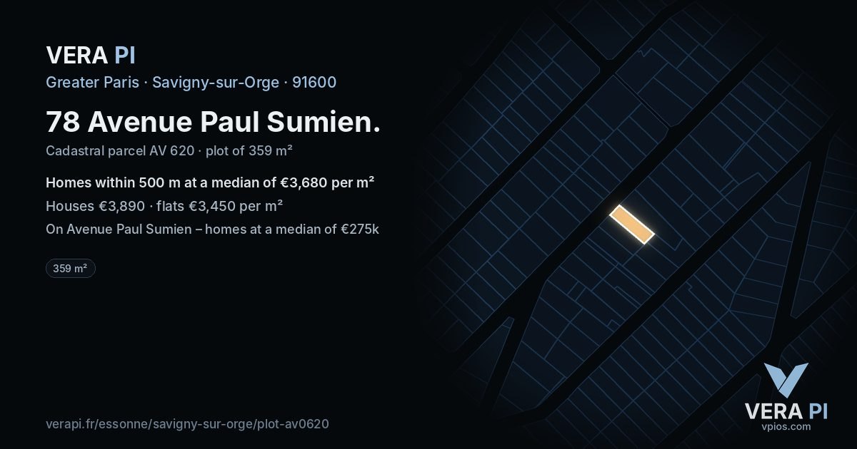 78 Avenue Paul Sumien, Savigny-sur-Orge at night – the plot lit, the parcels around coloured by the prices near them