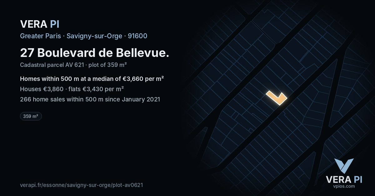 27 Boulevard de Bellevue, Savigny-sur-Orge at night – the plot lit, the parcels around coloured by the prices near them