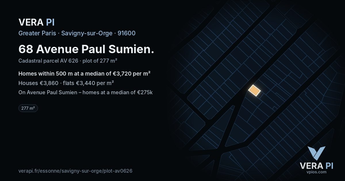 68 Avenue Paul Sumien, Savigny-sur-Orge at night – the plot lit, the parcels around coloured by the prices near them