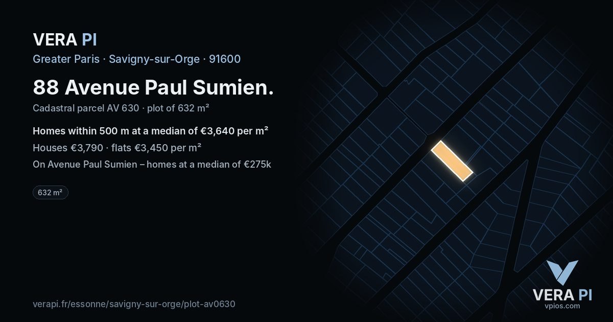 88 Avenue Paul Sumien, Savigny-sur-Orge at night – the plot lit, the parcels around coloured by the prices near them