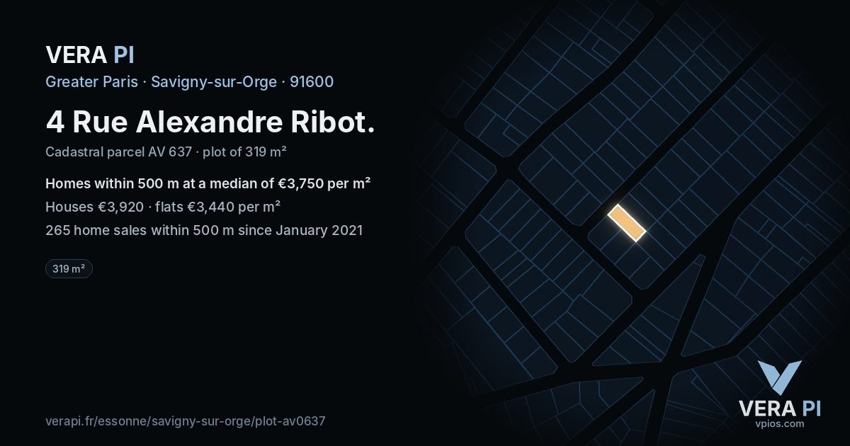 4 Rue Alexandre Ribot, Savigny-sur-Orge at night – the plot lit, the parcels around coloured by the prices near them