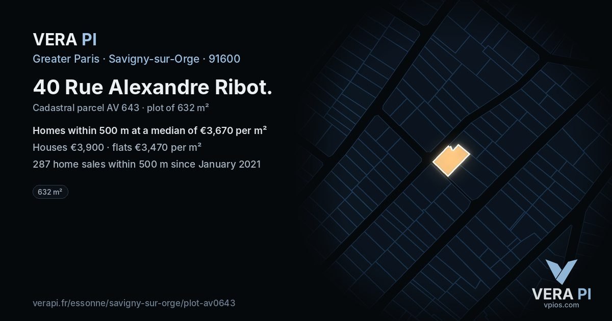 40 Rue Alexandre Ribot, Savigny-sur-Orge at night – the plot lit, the parcels around coloured by the prices near them