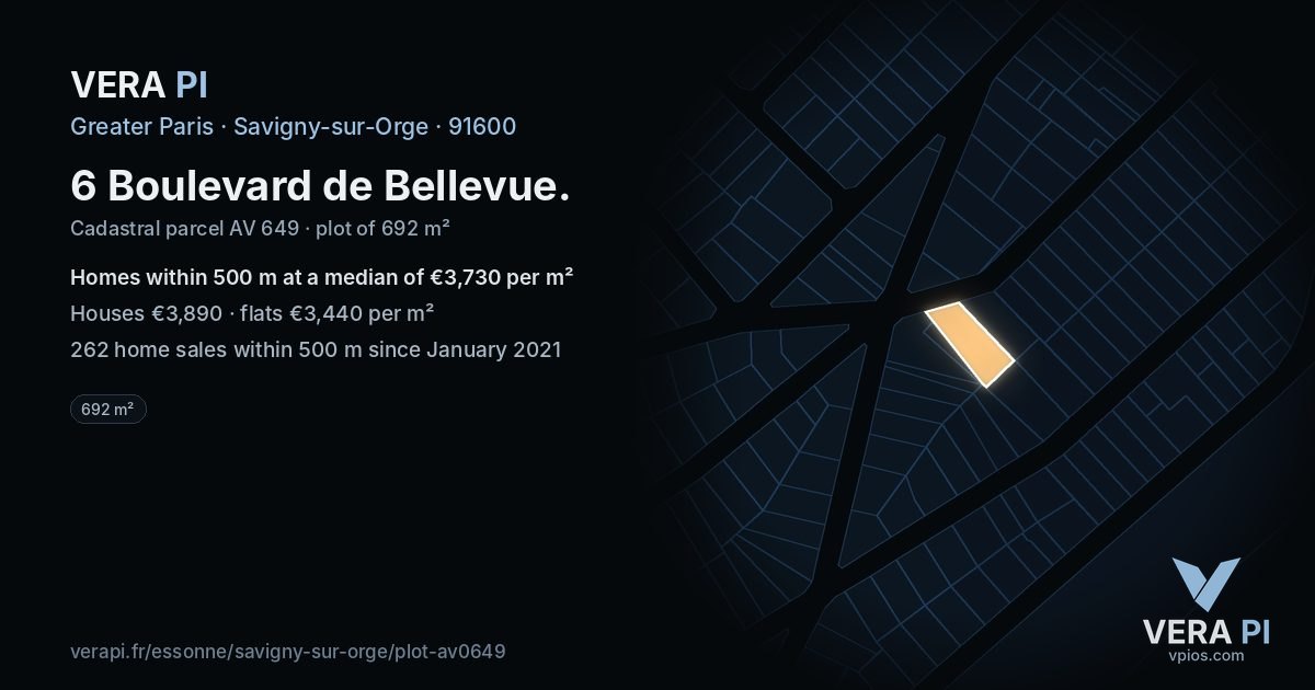 6 Boulevard de Bellevue, Savigny-sur-Orge at night – the plot lit, the parcels around coloured by the prices near them