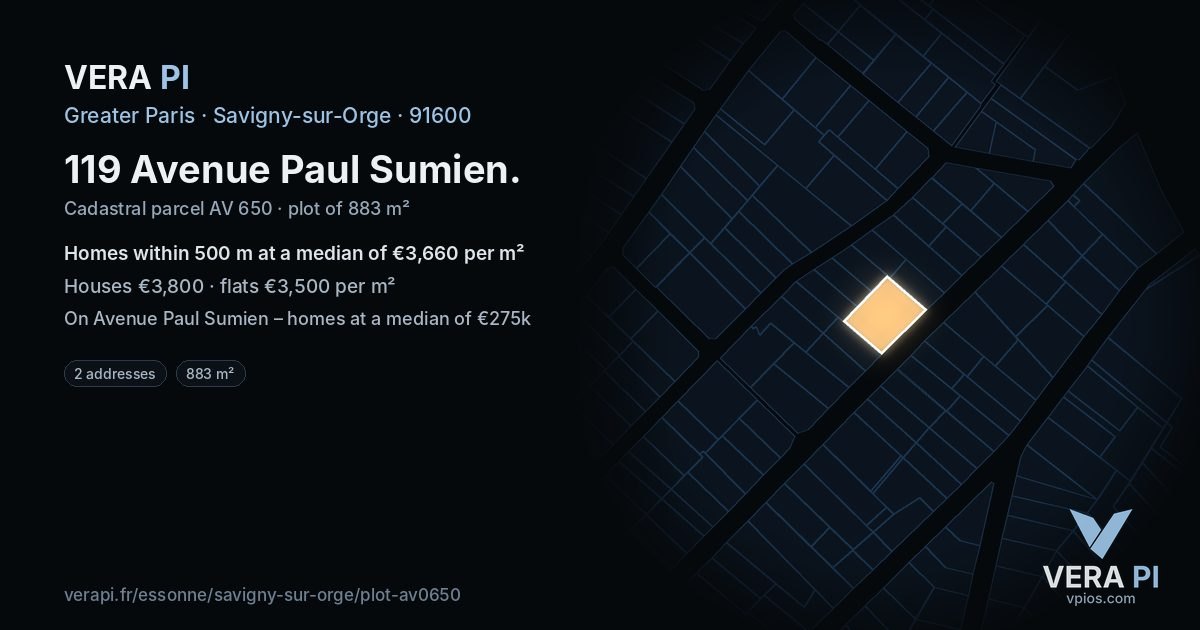 119 Avenue Paul Sumien, Savigny-sur-Orge at night – the plot lit, the parcels around coloured by the prices near them
