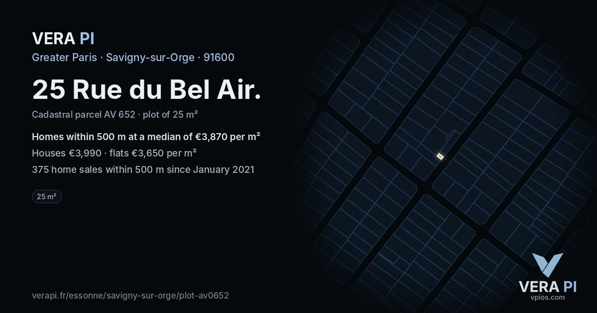 25 Rue du Bel Air, Savigny-sur-Orge at night – the plot lit, the parcels around coloured by the prices near them