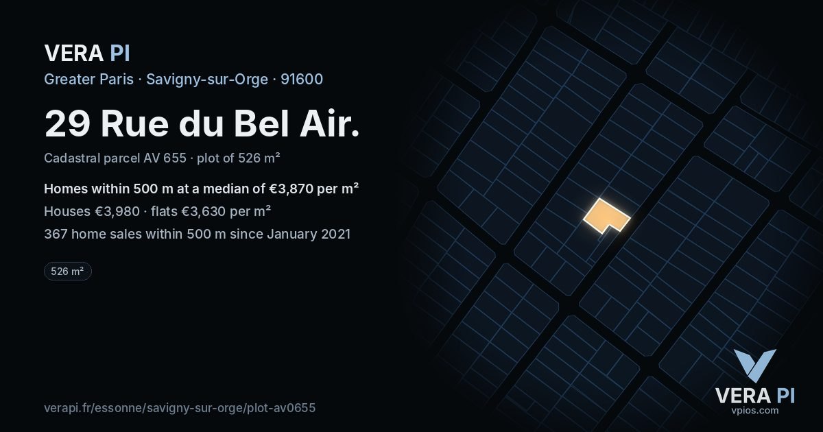 29 Rue du Bel Air, Savigny-sur-Orge at night – the plot lit, the parcels around coloured by the prices near them