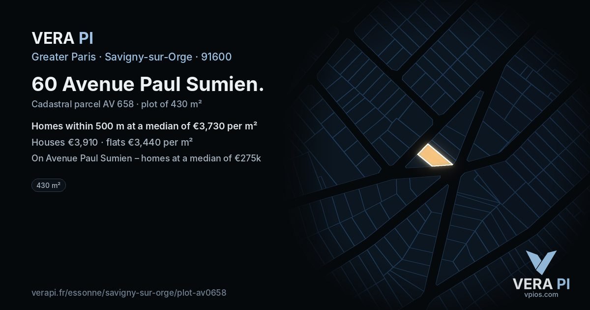 60 Avenue Paul Sumien, Savigny-sur-Orge at night – the plot lit, the parcels around coloured by the prices near them