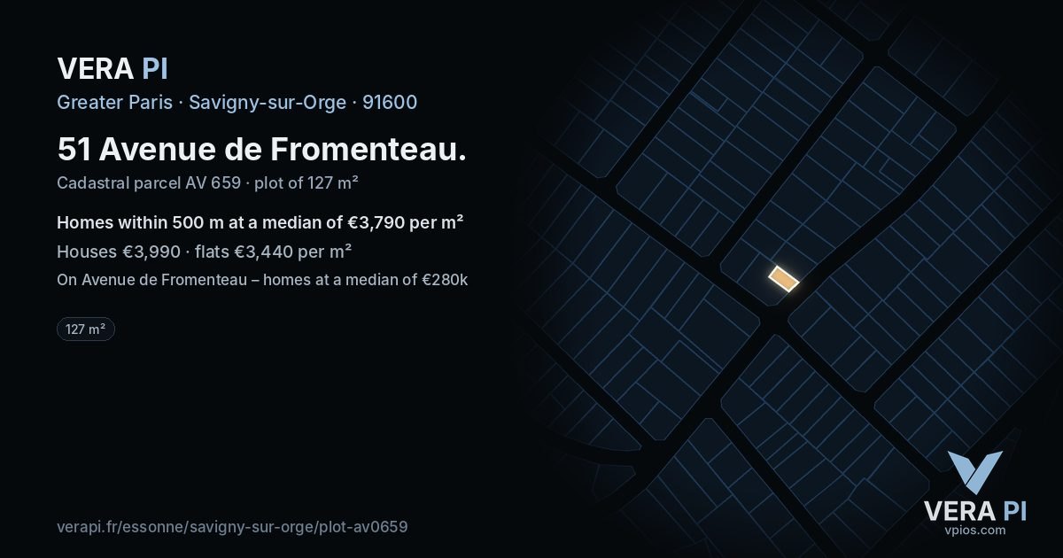 51 Avenue de Fromenteau, Savigny-sur-Orge at night – the plot lit, the parcels around coloured by the prices near them