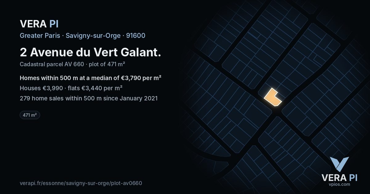 2 Avenue du Vert Galant, Savigny-sur-Orge at night – the plot lit, the parcels around coloured by the prices near them