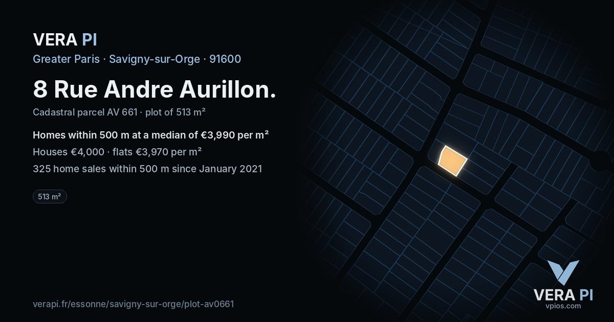 8 Rue Andre Aurillon, Savigny-sur-Orge at night – the plot lit, the parcels around coloured by the prices near them