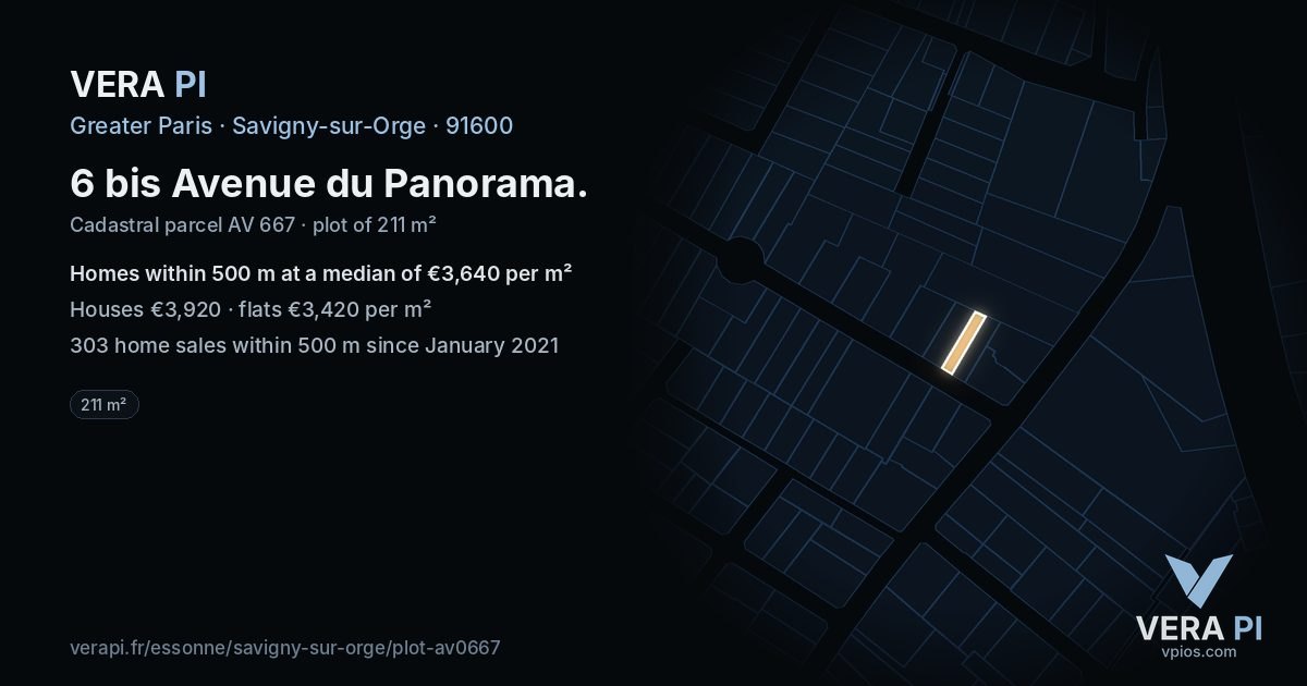 6 bis Avenue du Panorama, Savigny-sur-Orge at night – the plot lit, the parcels around coloured by the prices near them