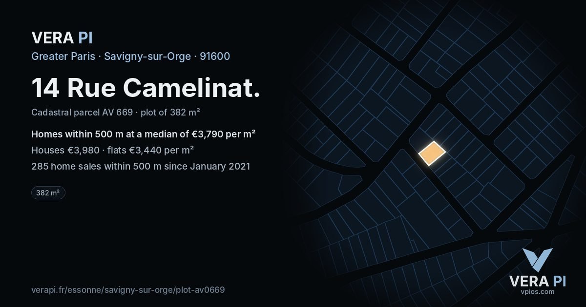 14 Rue Camelinat, Savigny-sur-Orge at night – the plot lit, the parcels around coloured by the prices near them