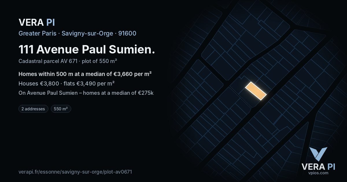 111 Avenue Paul Sumien, Savigny-sur-Orge at night – the plot lit, the parcels around coloured by the prices near them