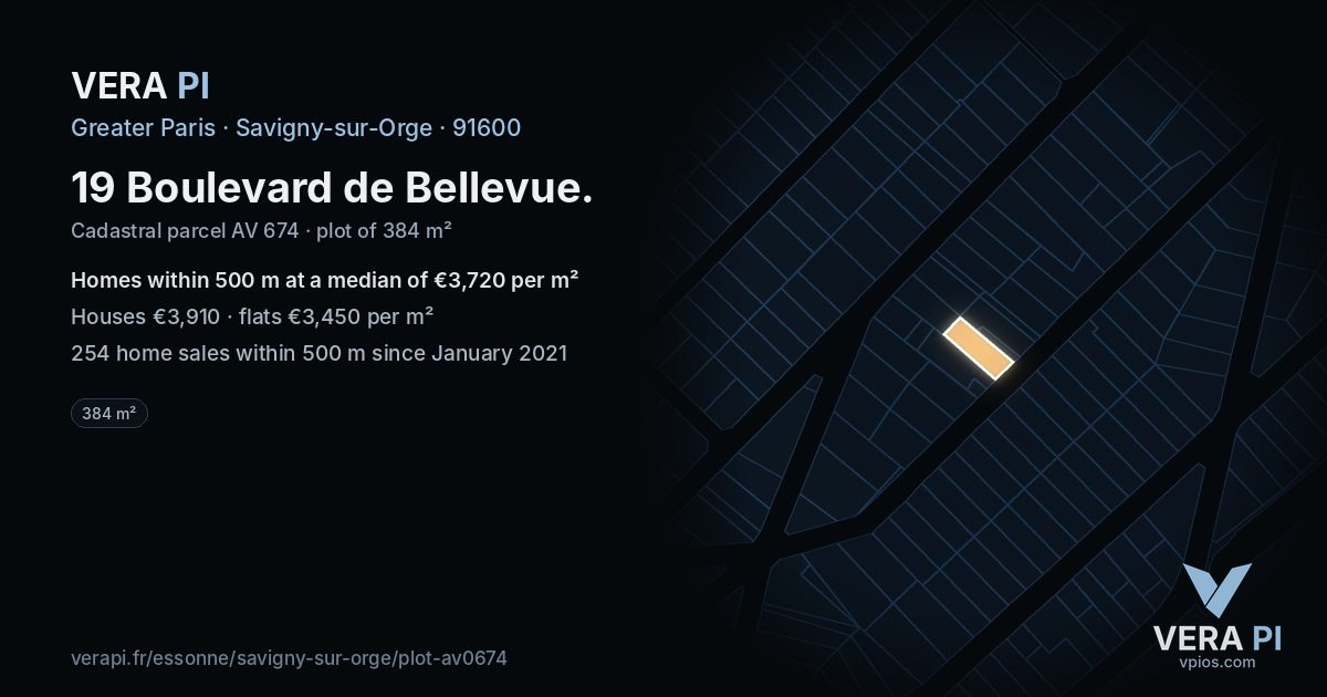 19 Boulevard de Bellevue, Savigny-sur-Orge at night – the plot lit, the parcels around coloured by the prices near them
