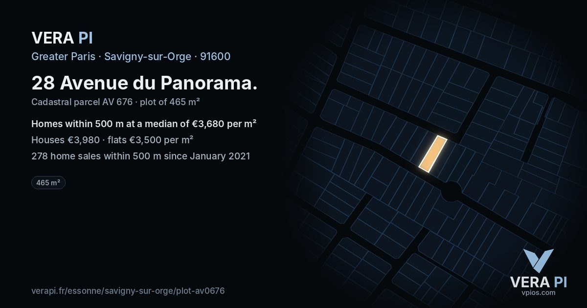 28 Avenue du Panorama, Savigny-sur-Orge at night – the plot lit, the parcels around coloured by the prices near them