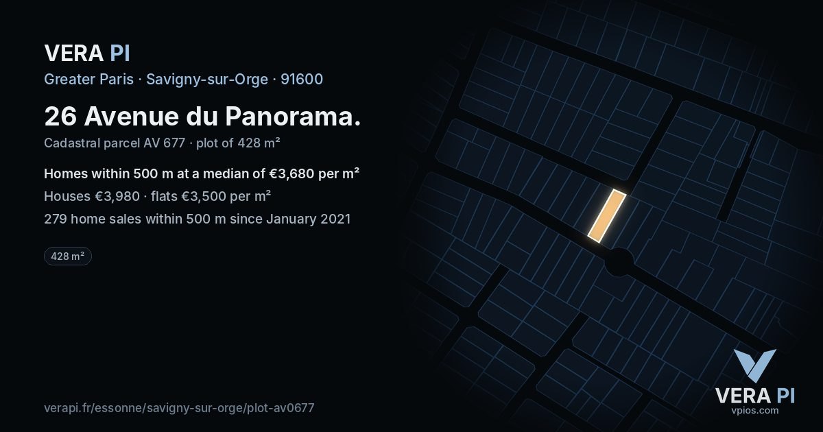 26 Avenue du Panorama, Savigny-sur-Orge at night – the plot lit, the parcels around coloured by the prices near them