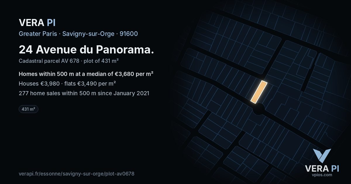 24 Avenue du Panorama, Savigny-sur-Orge at night – the plot lit, the parcels around coloured by the prices near them