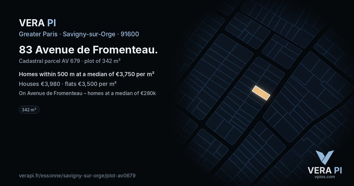 83 Avenue de Fromenteau, Savigny-sur-Orge at night – the plot lit, the parcels around coloured by the prices near them