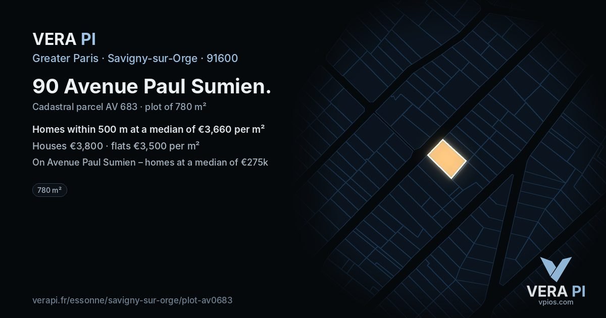 90 Avenue Paul Sumien, Savigny-sur-Orge at night – the plot lit, the parcels around coloured by the prices near them