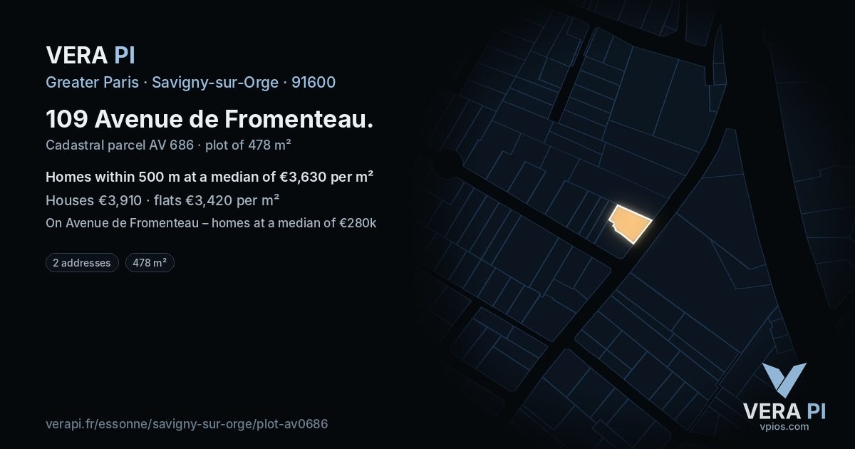 109 Avenue de Fromenteau, Savigny-sur-Orge at night – the plot lit, the parcels around coloured by the prices near them