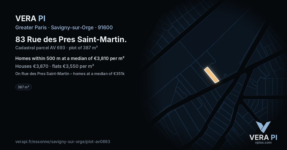 83 Rue des Pres Saint-Martin, Savigny-sur-Orge at night – the plot lit, the parcels around coloured by the prices near them