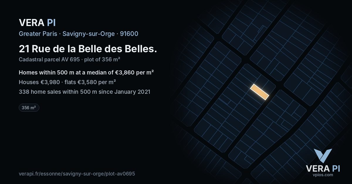 21 Rue de la Belle des Belles, Savigny-sur-Orge at night – the plot lit, the parcels around coloured by the prices near them