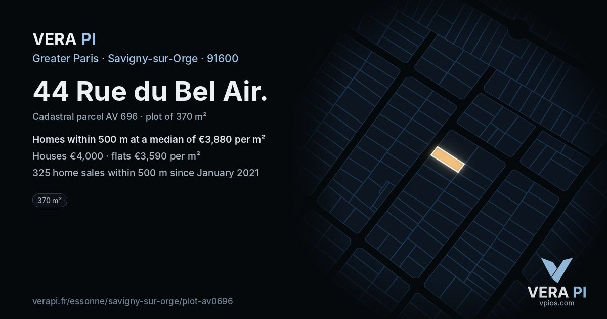 44 Rue du Bel Air, Savigny-sur-Orge at night – the plot lit, the parcels around coloured by the prices near them