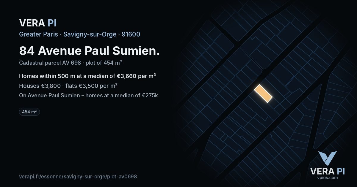 84 Avenue Paul Sumien, Savigny-sur-Orge at night – the plot lit, the parcels around coloured by the prices near them