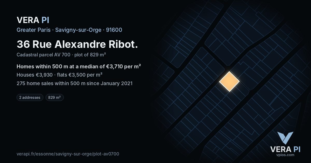 36 Rue Alexandre Ribot, Savigny-sur-Orge at night – the plot lit, the parcels around coloured by the prices near them