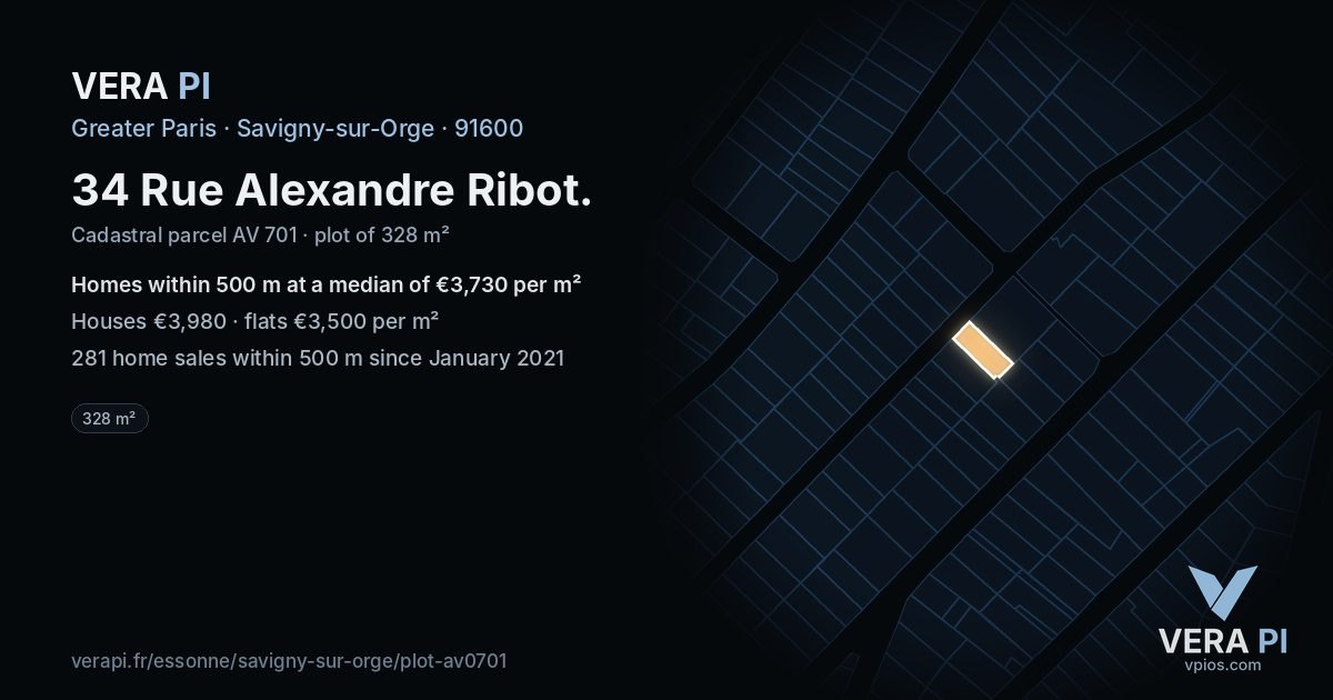 34 Rue Alexandre Ribot, Savigny-sur-Orge at night – the plot lit, the parcels around coloured by the prices near them