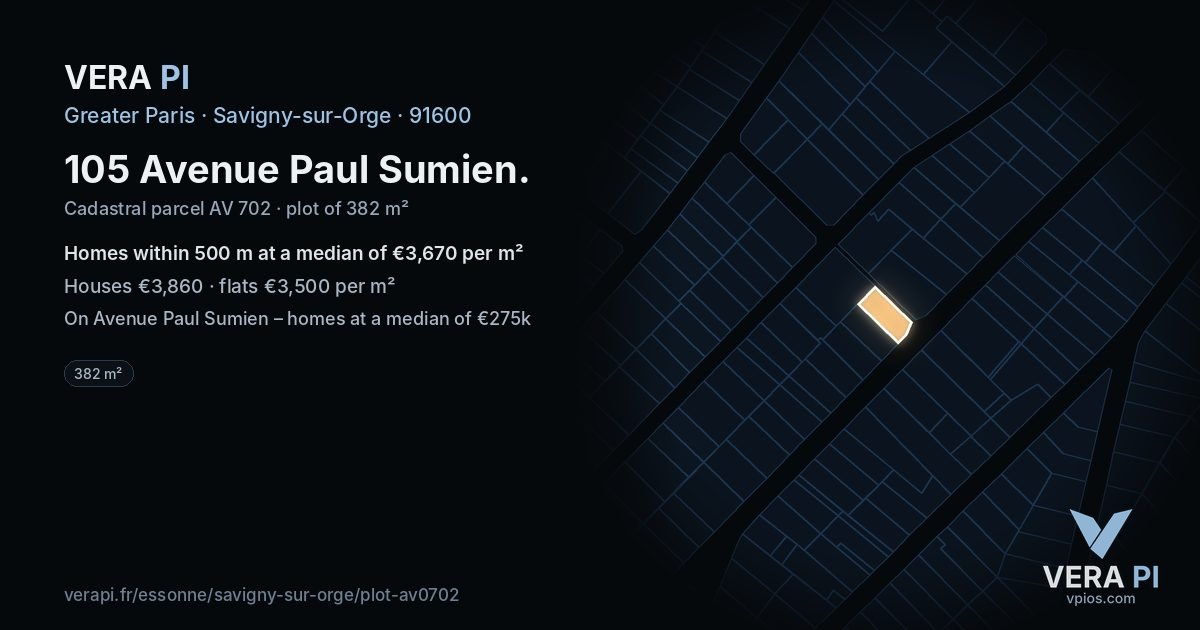 105 Avenue Paul Sumien, Savigny-sur-Orge at night – the plot lit, the parcels around coloured by the prices near them
