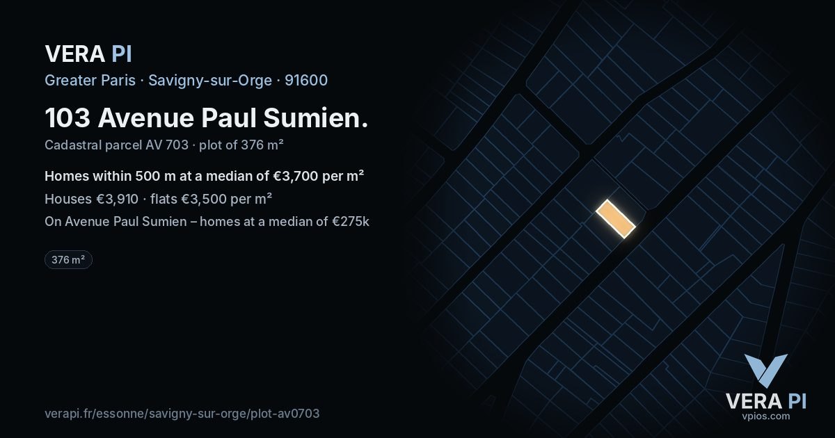 103 Avenue Paul Sumien, Savigny-sur-Orge at night – the plot lit, the parcels around coloured by the prices near them