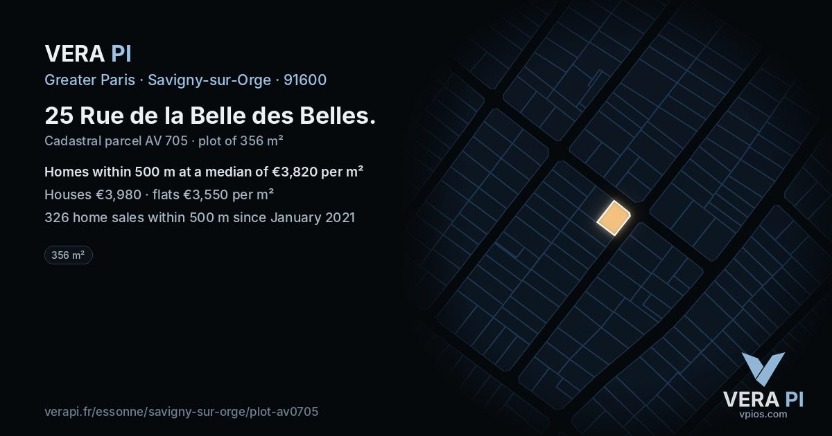 25 Rue de la Belle des Belles, Savigny-sur-Orge at night – the plot lit, the parcels around coloured by the prices near them
