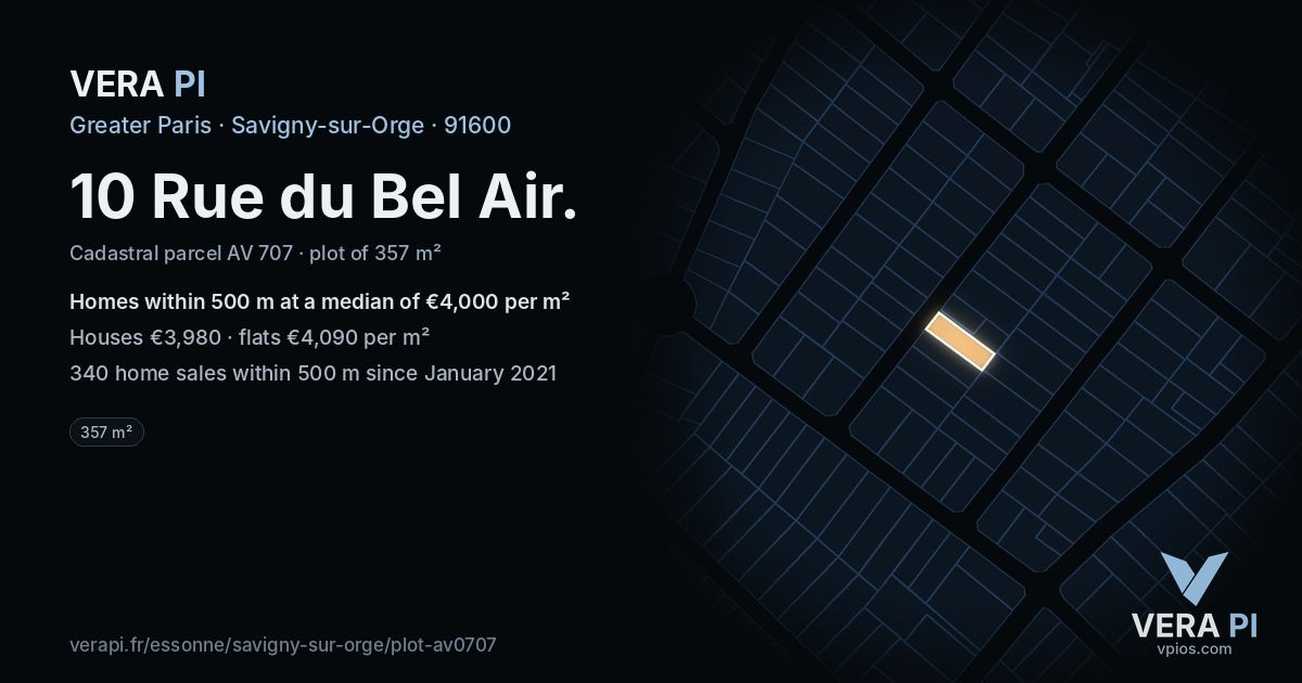 10 Rue du Bel Air, Savigny-sur-Orge at night – the plot lit, the parcels around coloured by the prices near them