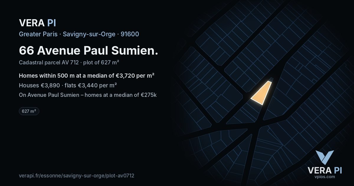 66 Avenue Paul Sumien, Savigny-sur-Orge at night – the plot lit, the parcels around coloured by the prices near them
