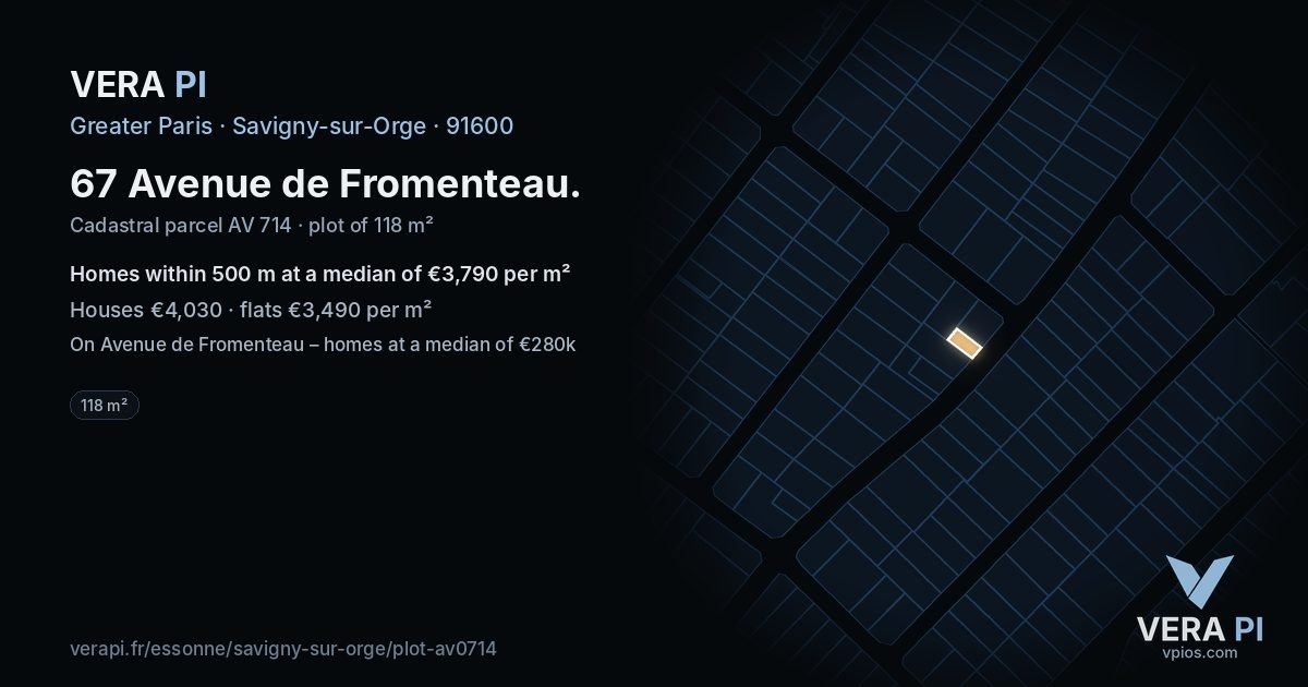 67 Avenue de Fromenteau, Savigny-sur-Orge at night – the plot lit, the parcels around coloured by the prices near them